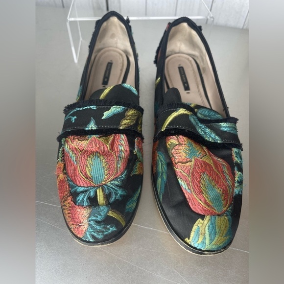 ZARA BASIC Black Orange Green Blue Floral Brocade fabric Fringe Loafers 41 - Picture 4 of 8